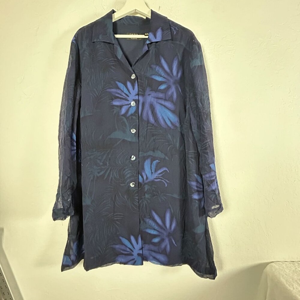 Dana Buchman Womens Silk Button-Up Shirt Blouse Top Size 20 Blue Tropical Print - Picture 1 of 9